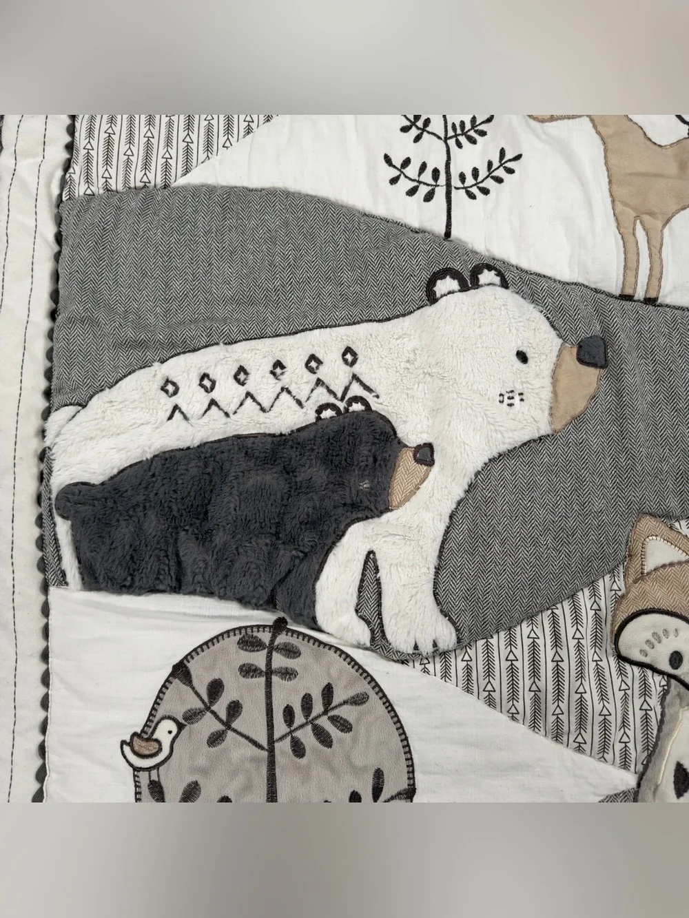 Levtex Baby Woodland Crib Quilt Blanket Bear Fox Deer Nursery Grey White 34x41